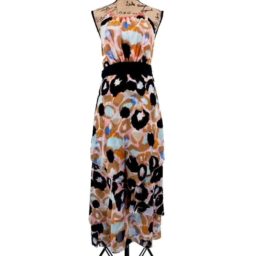 Matthew Williamson Women Dress 4 Halter‎ Tiered Ribbon Waist Chiffon Gown
